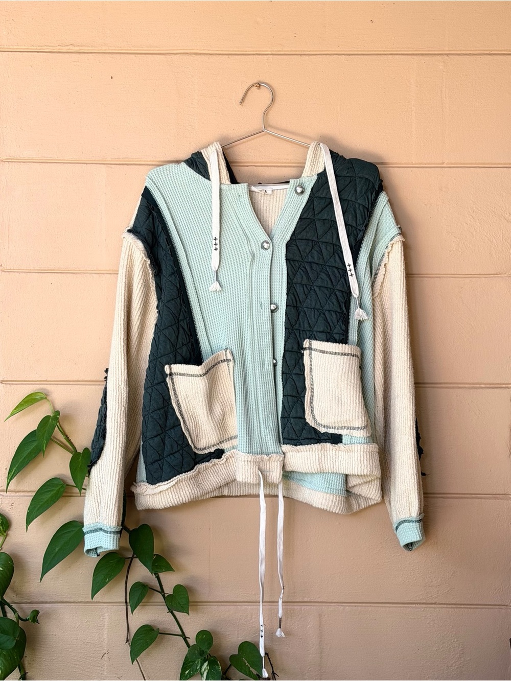 POL Colorblock Quilted & Waffle Knit Hooded Jacket in Cream, Mint & Dark Teal
